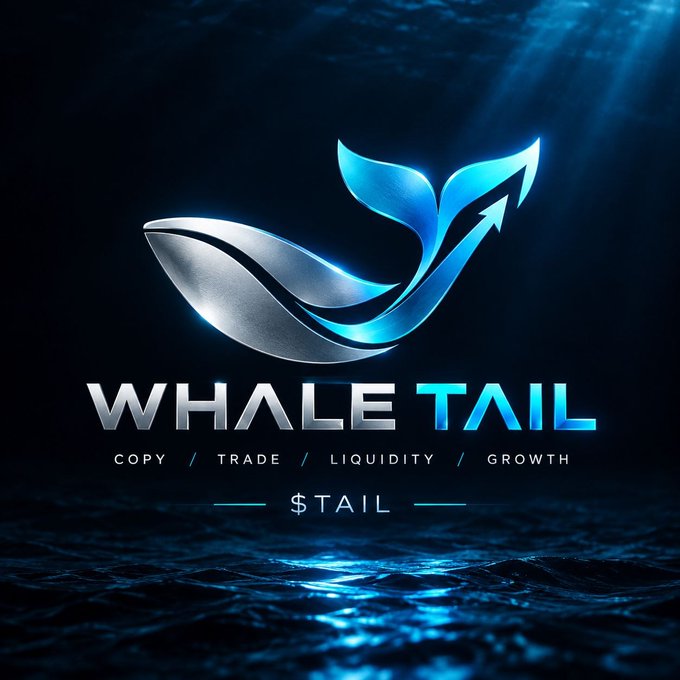 Logo for 'WHALE TAIL' ($TAIL), a crypto/trading platform with the tagline 'COPY / TRADE / LIQUIDITY / GROWTH', featuring a stylized silver and blue whale tail emblem against an underwater backdrop.