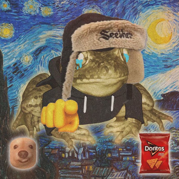 A crying frog wearing a "Feels" hat stands in front of Vincent van Gogh's "Starry Night," holding up a knuckle gesture toward a small bear-like character and a bag of Doritos Nacho Cheese chips. The sad, downcast imagery pairs ironically with the "$FRONG" post, humorously conveying the meme coin holder's despair over the token running on just 1 gwei (a near-zero gas price often associated with low blockchain activity).