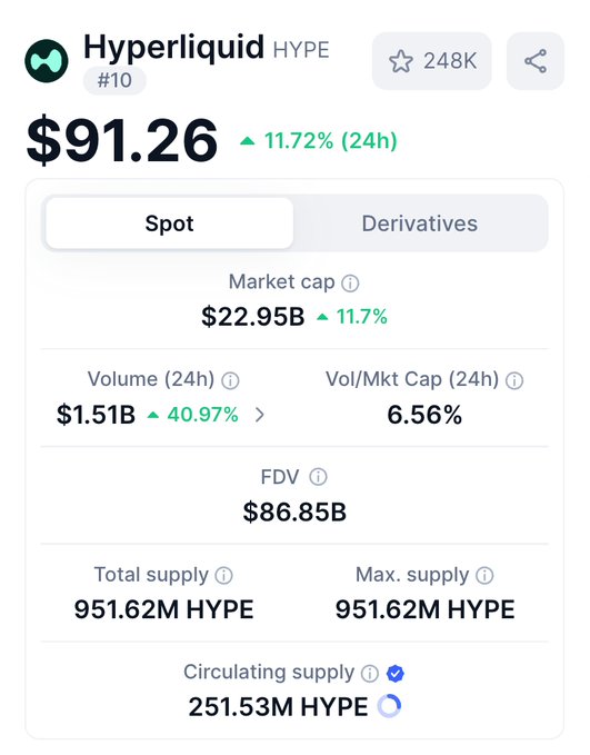 A cryptocurrency price tracking screen showing Hyperliquid (HYPE) at $91.26 with an 11.72% increase in the last 24 hours, ranking #10, with a market cap of $22.95B, volume of $1.51B, and a circulating supply of 251.53M HYPE.