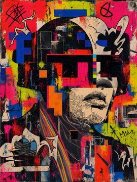 A colorful, graffiti-style mixed media artwork featuring abstract geometric shapes, bold colors, and a partially visible face.