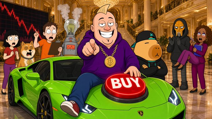 A cartoon-style illustration shows a smirking man in a purple hoodie with a Bitcoin necklace sitting on a green Lamborghini with a large red 'BUY' button, surrounded by diverse characters including a doge with a Bitcoin tag, a person pointing at a falling stock chart, and others looking concerned in an opulent setting.