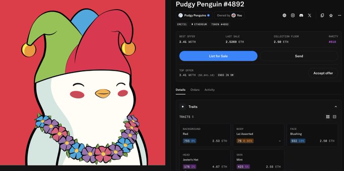 A screenshot of Pudgy Penguin #4892 NFT listing showing the penguin wearing a jester hat and flower lei, with trait values like 'Jester's Hat' at 176 ETH and a best offer of 2.41 ETH.