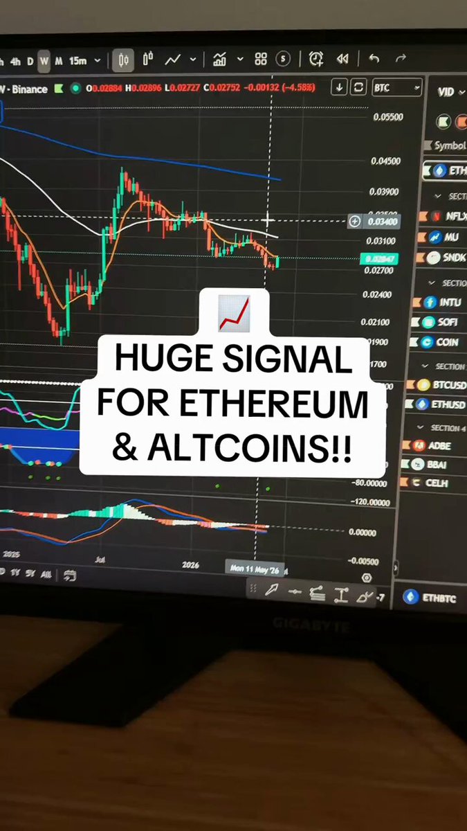 The image shows a computer monitor displaying a graph of cryptocurrency prices, with a message that reads "huge signal for etherium & altcoins!". The text is written in black against a white background, making it stand out prominently. The monitor is placed on top of a wooden desk or table, and the focus of the image is on the monitor screen rather than the surrounding environment.