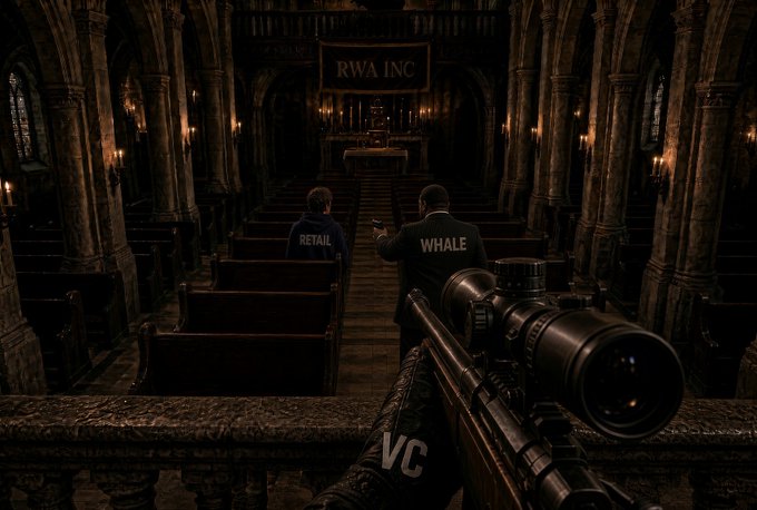 A first-person shooter style meme depicting a sniper rifle aimed at two figures labeled 'RETAIL' and 'WHALE' in a dark church setting with 'RWA INC' displayed on the altar, while the shooter is labeled 'VC'.