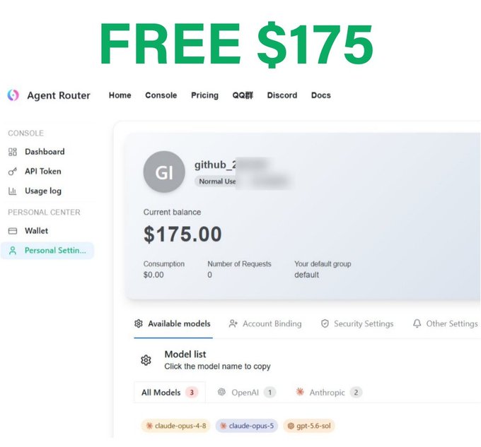 The image shows a screenshot of "Agent Router" console dashboard advertising "FREE $175" with a current balance of $175.00, displaying access to AI models like claude-opus-4-8, claude-opus-5, and gpt-5-6-sol. The post highlights that this is misleading marketing—the $175 is not actual crypto/USDC but rather non-withdrawable API credits for AI model usage.