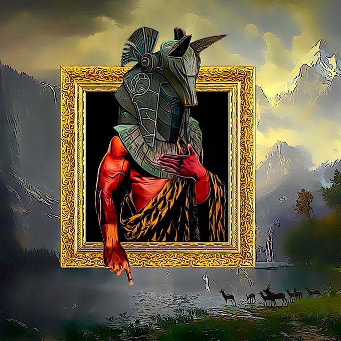 A stylized illustration showing a metallic Anubis-like jackal helmeted figure within an ornate golden frame, set against a mountainous landscape with silhouettes of deer at the bottom.