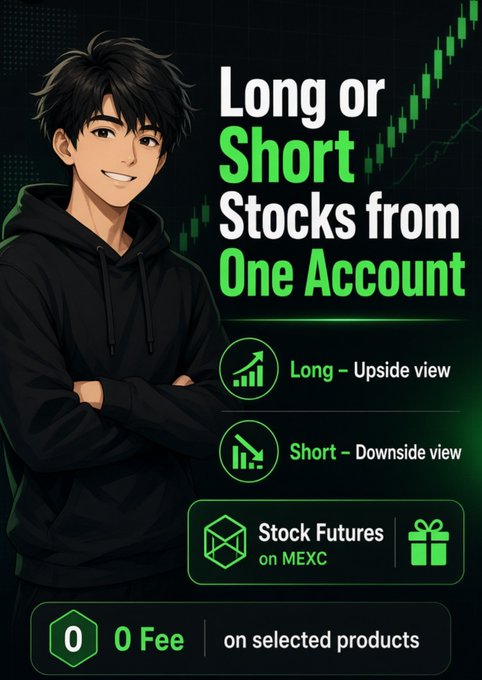 A MEXC exchange advertisement featuring an anime-style male character in a black hoodie, promoting 'Long or Short Stocks from One Account' with 'Long – Upside view,' 'Short – Downside view,' 'Stock Futures on MEXC,' and '0 Fee on selected products.'