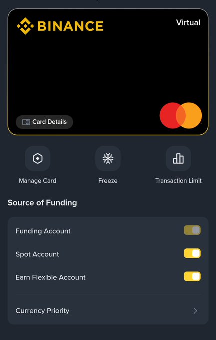 A screenshot of the Binance app showing a virtual Mastercard with options to Manage Card, Freeze, and Transaction Limit, along with Source of Funding toggles.