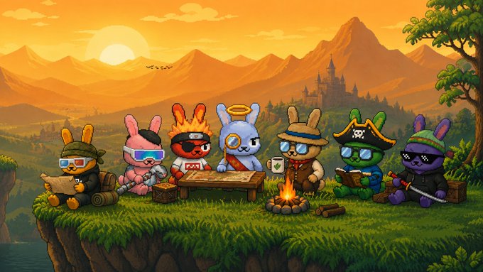 A digital illustration of seven cartoon bunny characters dressed as adventurers, including a ninja, robot, angel, and pirate, gathered around a map and campfire on a grassy cliff at sunset.