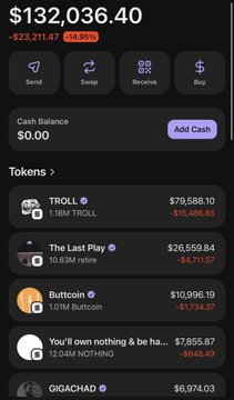 The image shows a phone screen displaying various cryptocurrency transactions, including Bitcoin, buttcoin, and troll coins. The text on the screen reads "We keep pushing no matter what! $Troll $Buttcoin $GIGA $Retire $Nothing". This message seems to be related to the post about trolls that was shared in the image.