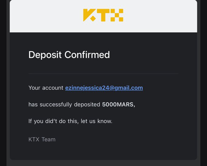 A "Deposit Confirmed" email screenshot from KTX Team showing that account ezinnejessica24@gmail.com has successfully deposited 5000MARS tokens, supporting the post about claiming forgotten MARS tokens.
