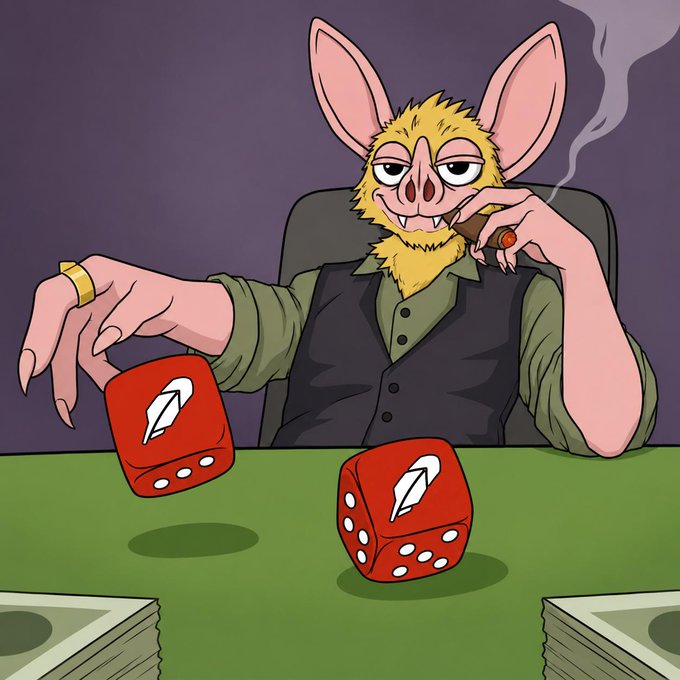An anthropomorphic bat with a smug expression smokes a cigar while tossing red dice featuring a feather logo across a green felt table, with stacks of cash on either side—evoking the high-stakes glamour and risk-taking spirit of "welcome to the party."