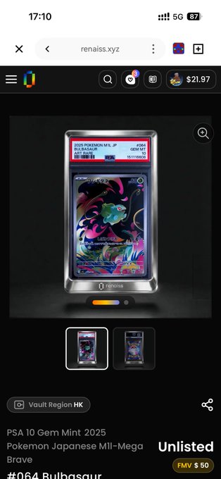 A mobile screenshot from renaiss.xyz showing a PSA 10 Gem Mint Pokemon Japanese M1L-Mega Brave Bulbasaur trading card for sale at FMV $50, with the card displayed in a protective slab.