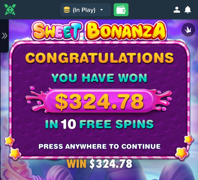 A screenshot of the "Sweet Bonanza" slot game displays a congratulatory pop-up announcing a $324.78 win from 10 free spins, reinforcing the poster's promotional claim of big payouts and encouraging viewers to sign up using their referral code at duel.bz/Zeus.