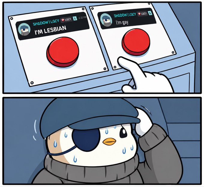 A two-panel comic showing a penguin character sweating nervously while trying to choose between two buttons labeled 'I'M LESBIAN' and 'I'm gay'.