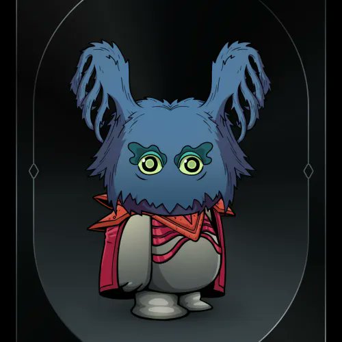 The image shows a large-headed creature with blue fur, big ears, and a round body featuring red markings and a stitched patch on its chest. It depicts "Koda #730," a digital collectible (NFT) purchased for 0.752 ETH, with its whimsical, quirky design matching the playful "wtf is this thing" sentiment expressed in the caption.