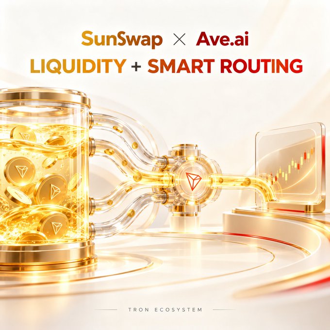 The image showcases a partnership between SunSwap and Ave.ai, highlighting "LIQUIDITY + SMART ROUTING" within the Tron Ecosystem. It features golden coins flowing through transparent tubes into a central hub, visually representing how liquidity is channeled and intelligently routed to optimize trade execution. The imagery directly supports the post's message that trading experience depends on both liquidity infrastructure and smart routing behind the scenes.
