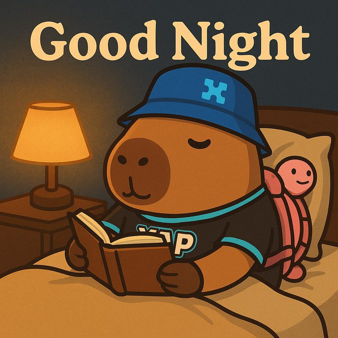 A cute cartoon capybara wearing a blue cap with a puzzle piece logo and a shirt reading "P" reads a book in bed beside a small pink companion, with "Good Night" displayed in large letters above as a warm bedside lamp glows in the background.

The image ties into the post's late-night trading sentiment, where the cozy "Good Night" scene mirrors the calm, watchful patience of an investor observing $RIVER's tight consolidation between $4.85 and $5.15, suggesting quiet accumulation before a larger move.
