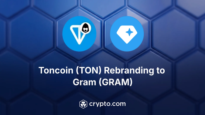 The image displays a Crypto.com announcement stating "Toncoin (TON) Rebranding to Gram (GRAM)" against a blue hexagonal background with both the original and new logos shown. Note: This caption reflects the image's text as-is, though the rebranding claim appears to be inaccurate or misleading, and does not connect to the accompanying post about Grambo's memecoin launchpad on the TON network.