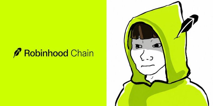 The image shows a split graphic with "Robinhood Chain" text and a feather logo on a bright green background on the left, and a cartoon illustration of a figure wearing a green hood (resembling the Wojak/Robinhood meme character) with a feather accent on the right. The accompanying post references $HOODIE as a Robinhood-themed memecoin, and the image visually represents this connection by combining the official Robinhood Chain branding with the iconic hooded figure meme associated with the $HOODIE token.