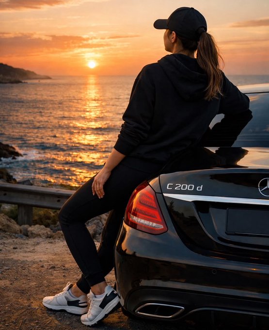 A person in a black hoodie and cap sits on the trunk of a black Mercedes-Benz C 200 d, watching the sunset over the ocean. The image aligns with the post's evening theme of winding down after a productive day.