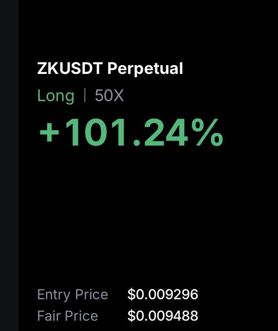 The image displays a trading position summary for the ZKUSDT Perpetual contract, showing a long position with 50X leverage and a substantial gain of +101.24% in green. Key details include an entry price of $0.009296 and a fair price of $0.009488, visually reinforcing the post's message "bear get lost" by highlighting a strong bullish performance.