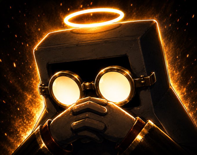 A glowing, haloed figure with a blocky, printer-like head and luminous round goggles clasps its hands together amid fiery embers, embodying the saintly "printer god" meme tied to $PRINTER. The dramatic, divine imagery reinforces the post's hype, portraying the token as a sacred, unstoppable force heading to Robinhood.