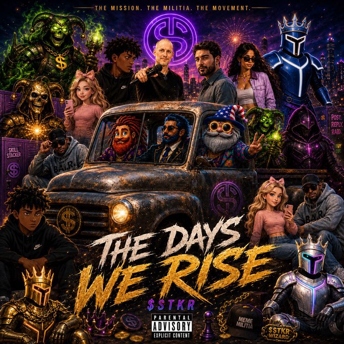 Promotional artwork titled 'THE DAYS WE RISE' for $STKR featuring 'THE MISSION. THE MILITIA. THE MOVEMENT.' with various characters, a vintage truck, and a Parental Advisory Explicit Content label.
