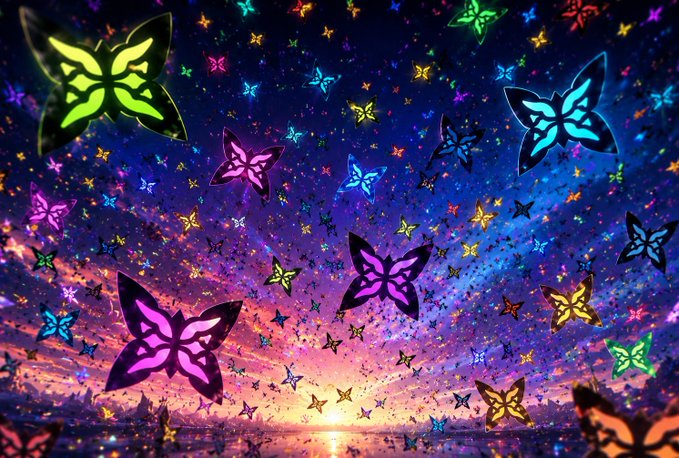 A vibrant digital illustration of numerous colorful butterflies flying against a sunset sky over a body of water.