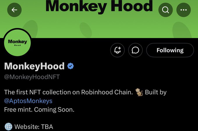 A Twitter profile screenshot for "MonkeyHood" (@MonkeyHoodNFT) displayed in dark mode, showing its green header and bio describing it as "The first NFT collection on Robinhood Chain" with a free mint, built by @AptosMonkeys. The profile confirms the post's claims about it being a freemint NFT collection launching on Robinhood Chain, though no supply number is visible in the image itself.