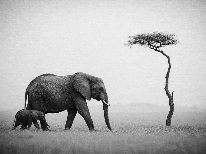A black and white photograph shows a large adult elephant and a smaller baby elephant walking through grass next to an acacia tree.