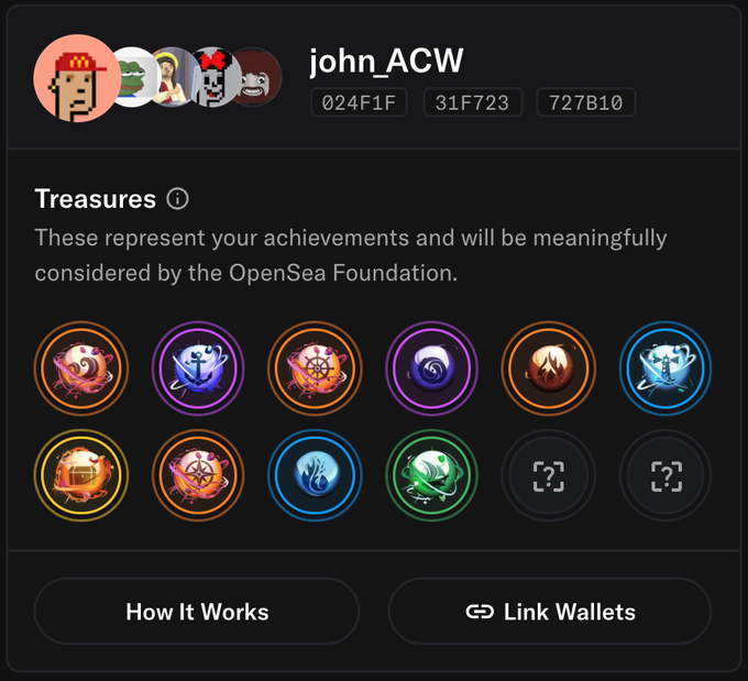A dark-themed user profile for 'john_ACW' on what appears to be a treasure platform, displaying two rows of circular achievement icons in various colors with a 'Link Wallets' button visible.