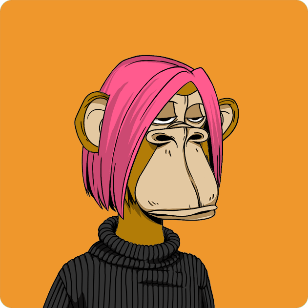 A cartoon monkey character with a pink bob haircut wearing a black turtleneck sweater on an orange background.