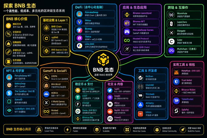 An infographic in Chinese titled '探索 BNB 生态' (Explore the BNB Ecosystem), detailing various cryptocurrency projects across DeFi, NFTs, GameFi, and other categories centered around the BNB logo.