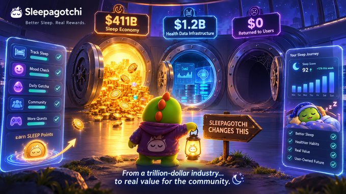 A promotional graphic for 'Sleepagotchi' features its green mascot looking at three vaults labeled with industry values, surrounded by app interface elements tracking sleep and earning points.