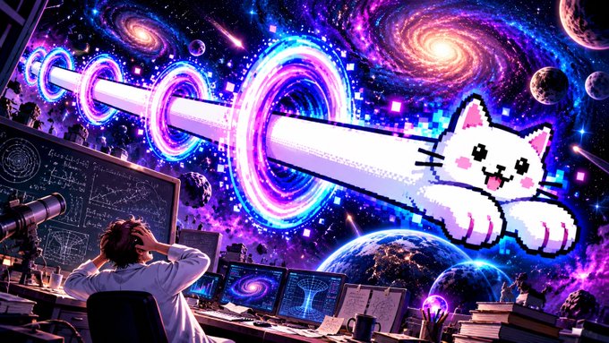 A surreal, vibrant digital artwork shows a person with their head in their hands at a desk, overwhelmed by a massive pixelated cat wielding a glowing beam through a cosmic portal.