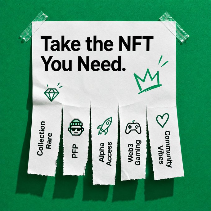 A torn paper poster taped to a green background reads "Take the NFT You Need," with five tear-off tabs below labeled "Collection Rare," "PFP," "Alpha Access," "Web3 Gaming," and "Community Vibes," featuring small icons like a diamond, pixelated character, rocket, game controller, and heart. The interactive design ties into the "#kumorning Lucky Day!" post by playfully offering NFT-themed "lucky picks" to choose from, like a fortune-telling strip.