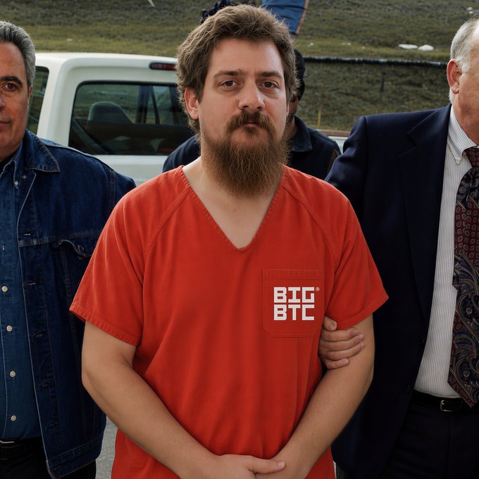 A man with a brown beard wearing an orange prison jumpsuit labeled 'BTC BTC' being escorted by law enforcement officers, including one in a denim jacket and another in a suit.