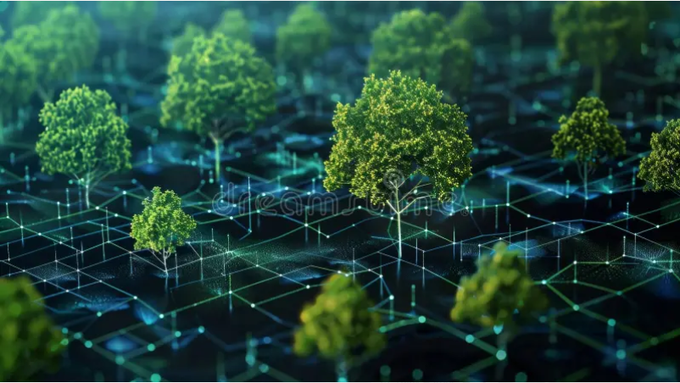 A digital artwork depicting green trees arranged over a glowing blue network grid on a dark background, symbolizing technology and nature integration.