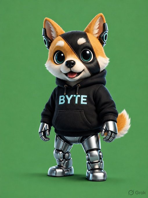 A cute robotic dog character wearing a black hoodie that reads "BYTE" in teal letters, set against a solid green background. The character, with its mechanical limbs and "BYTE" branding, visually personifies the Byte platform referenced in the post.