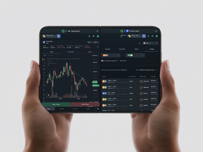 Two hands hold open a dual-screen foldable device displaying the DeFiSaver app, with a BTC/USDC perpetual trading chart on the left screen ($94,023.30) and a Morpho Blue lending market showing a 6.45% net APY on the right screen, exemplifying the "perps on the left, lending on the right" setup.