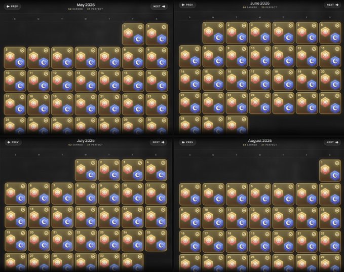 A cryptocurrency staking/calendar interface showing reward schedules for May, June, July, and August 2026 with dates and moon-themed icons representing staking rewards.