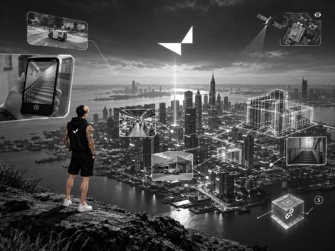 A person stands on a cliff overlooking a futuristic black-and-white cityscape with floating holographic interfaces, a satellite, and a 3D building model, suggesting a theme of spatial intelligence.