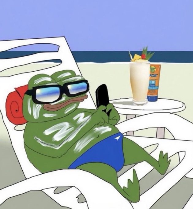 A Pepe the Frog meme lounges on a beach chair in sunglasses and swim trunks, sunbathing while sipping a piña colada next to a bottle of "Banana Boat" SPF 30 sunscreen — depicting a relaxed, vacation-ready mood that matches the "Mi right now $Apu" post suggesting the $APU token holder is vibing and chilling.