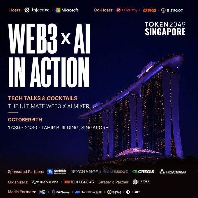 A promotional flyer for the 'WEB3 x AI IN ACTION' tech mixer event at TOKEN 2049 SINGAPORE, hosted by Injective and Microsoft, scheduled for October 6th at Tahir Building.