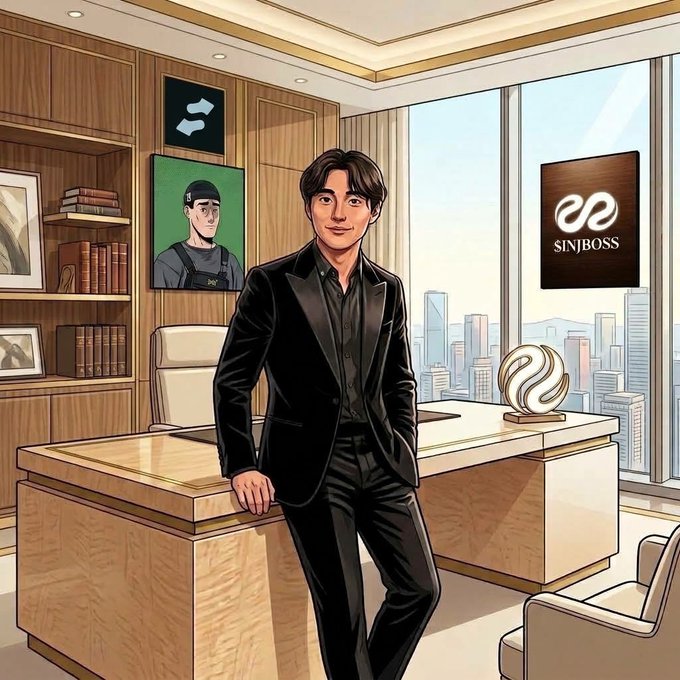 A cartoon-style illustration of a dark-haired man in a black suit standing next to a desk in an office setting. In the background, there is a picture on the wall and a logo on the window that reads 'SINI BOSS'.