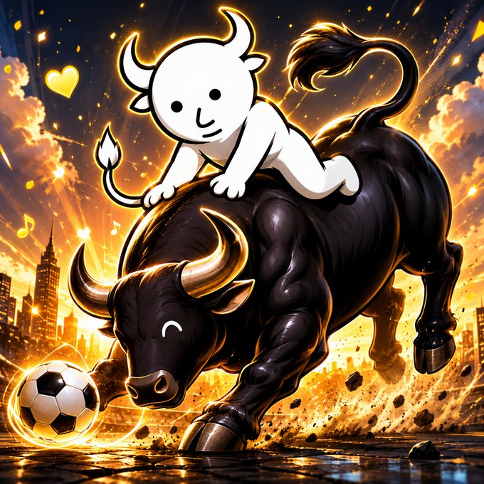 A vibrant illustration of a white cartoon bull mascot riding a powerful black charging bull, with a soccer ball, golden heart, and music notes against a fiery city skyline.