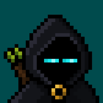 A pixel art depiction of a hooded, shadowy figure holding a staff with glowing green accents, featuring glowing cyan eyes and a gold emblem on its chest, complementing the post's theme of recognizing the Chain Mancer NFT project and community.