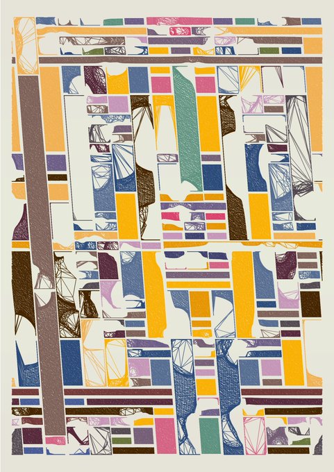 A colorful abstract collage artwork composed of overlapping rectangular shapes in orange, blue, purple, pink, brown, and white tones.