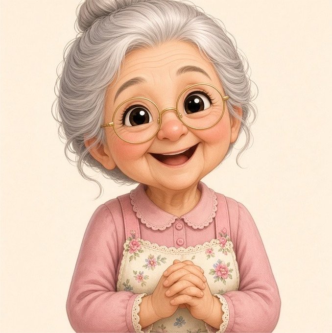 A whimsical illustration of a smiling elderly grandmother with gray hair in a bun, round gold glasses, and a pink floral apron, hands clasped together. The image evokes a "sweet grandma" or "nana" archetype, possibly symbolizing trustworthy, grandmotherly advice to "keep this one on your radar" regarding the $MA token being highlighted in the accompanying post.